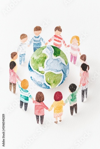 A vibrant watercolor illustration shows people of diverse backgrounds holding hands around a globe, symbolizing unity and global community in a harmonious world.