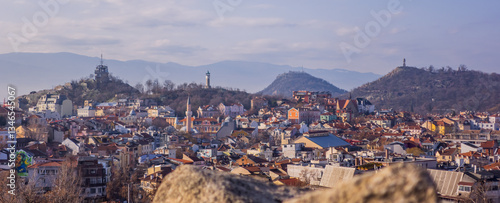 Panorama view of the center of Plovdiv, Bulgaria seen from Nebet Tepe