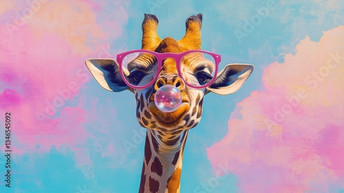 Giraffe, glasses, bubblegum, pastel sky, whimsical, fun, digital art, social media