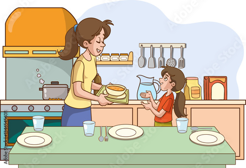 mother and daughter cooking in the kitchen. Vector illustration.