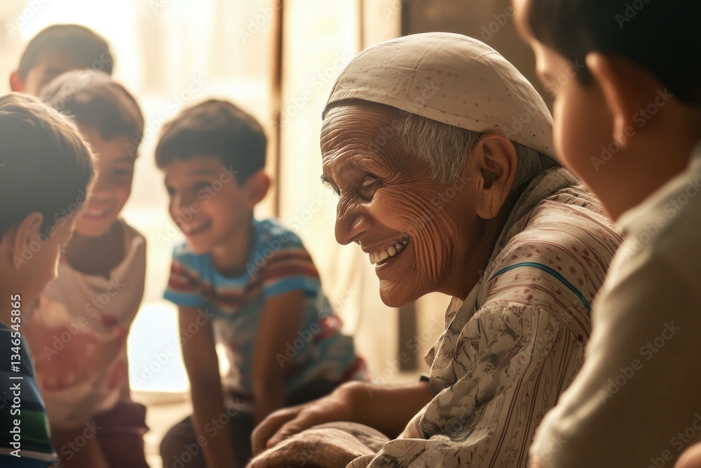 Fototapeta premium Joyful elderly woman smiles while interacting with children in a warm indoor setting, emphasizing familial ties and cultural connection