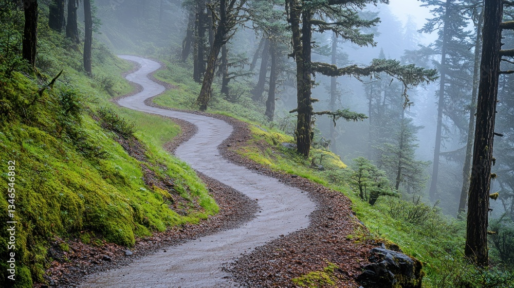 Fototapeta premium Winding trail through a misty forest. Lush greenery and mossy slopes line a curving path, dappled with morning light