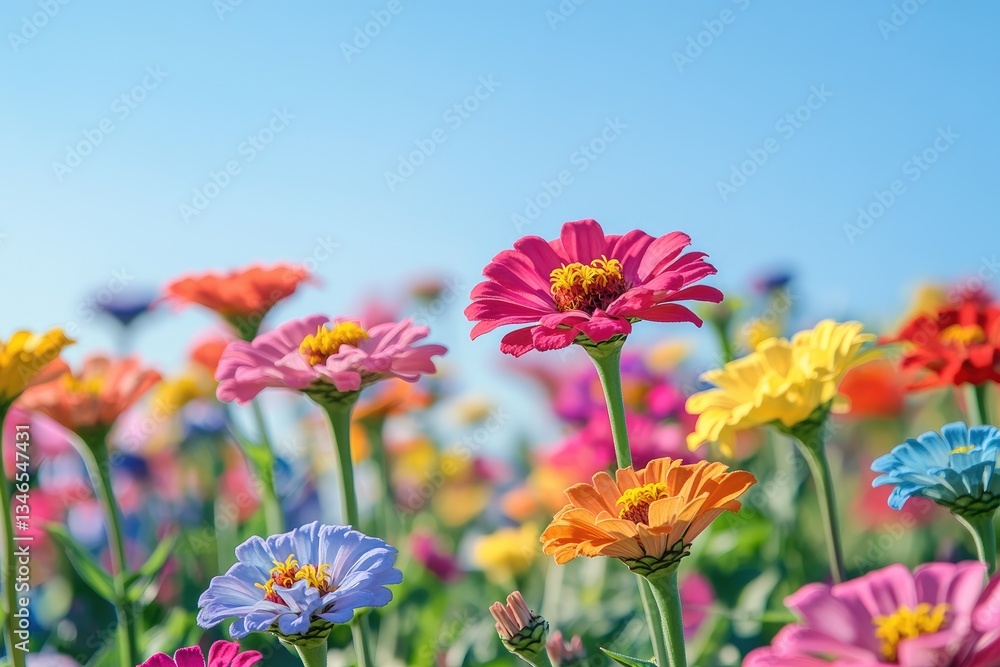 Vibrant colorful flowers in a field against a clear blue sky Vibrant colorful flowers in a field against a clear blue sky