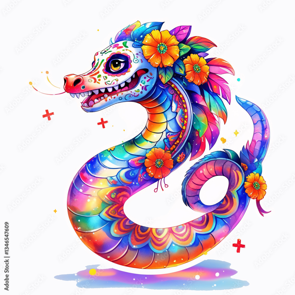 Fototapeta premium Hand-drawn Ofrenda-style serpent dressed in colorful Día de los Muertos decorations, isolated on a white background