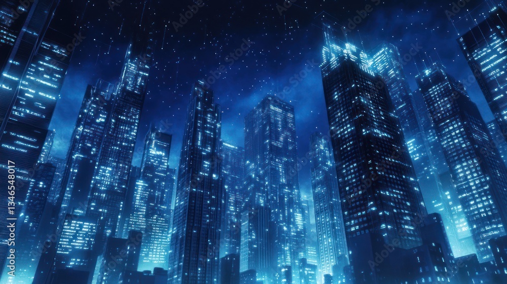Obraz premium Futuristic city skyline at night with glowing buildings (1)