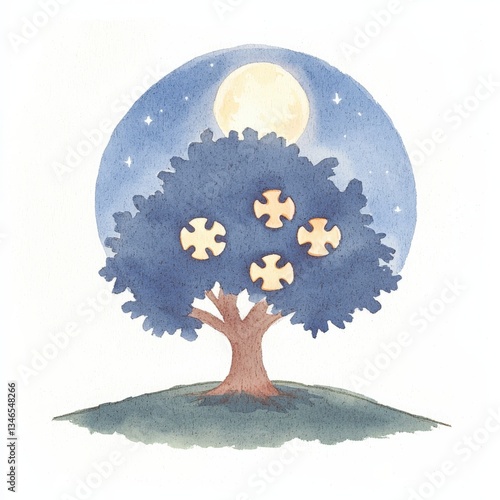 A whimsical watercolor illustration of a tree under a moonlit sky, featuring puzzle pieces among its branches, evoking feelings of creativity and imagination.