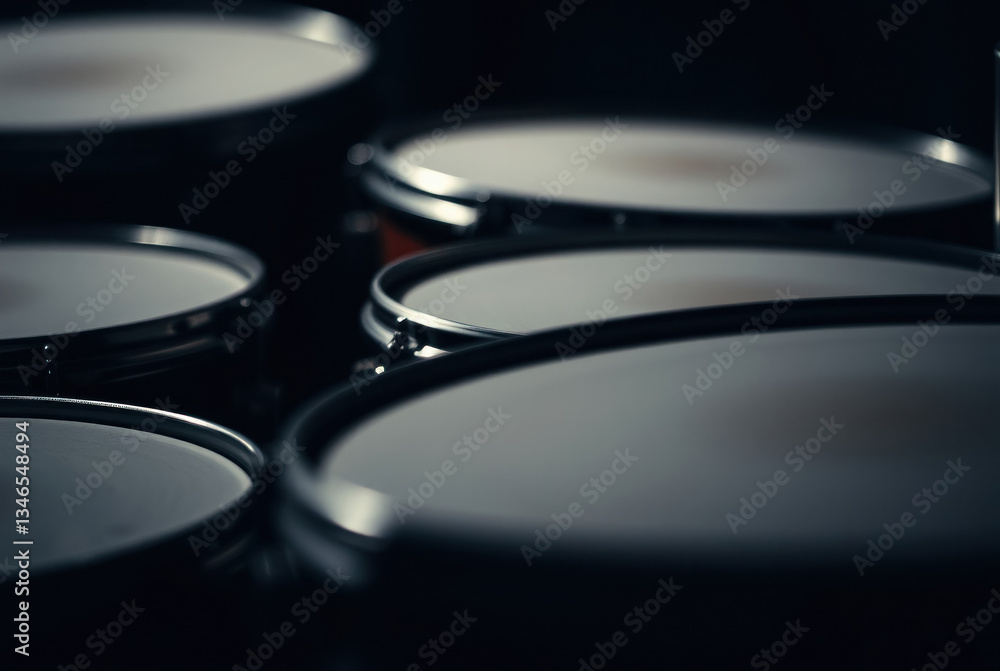 High-contrast close-up of drums. Music instrument, shadows light percussion, texture detail dramatic. High-contrast close-up of drums. Music instrument, shadows light percussion, texture detail dramatic.
