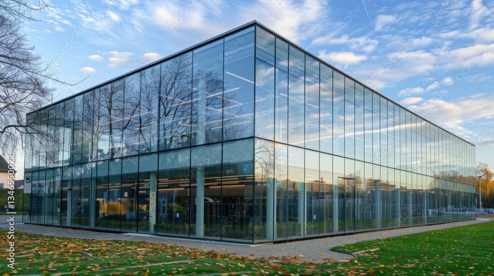 Fototapeta premium Glass office building with clear windows and a reflective surface.