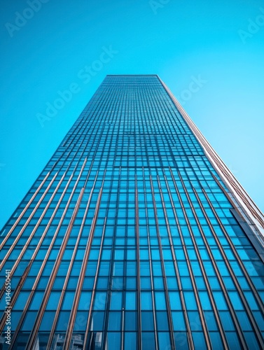 Looking Up at Modern Glass Skyscraper Against Clear Blue Sky