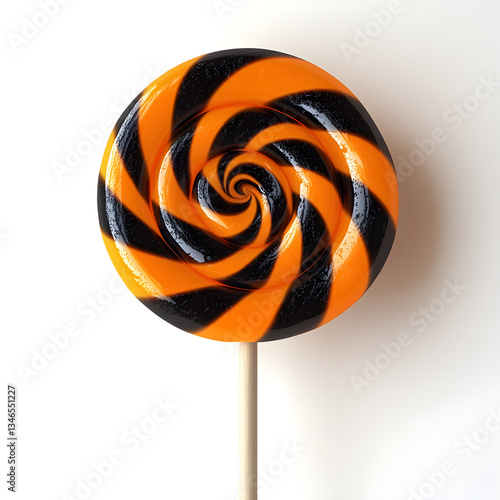 Orange and black swirl lollipop on white background representing halloween treat