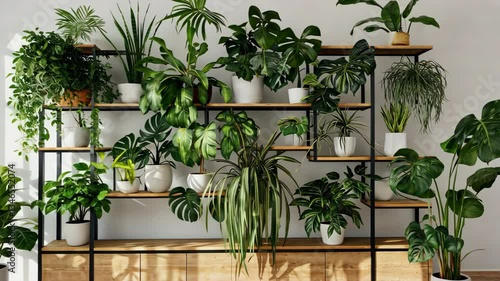 Lush greenery and potted plants on modern shelves enhance home decor with vibrant indoor design.
