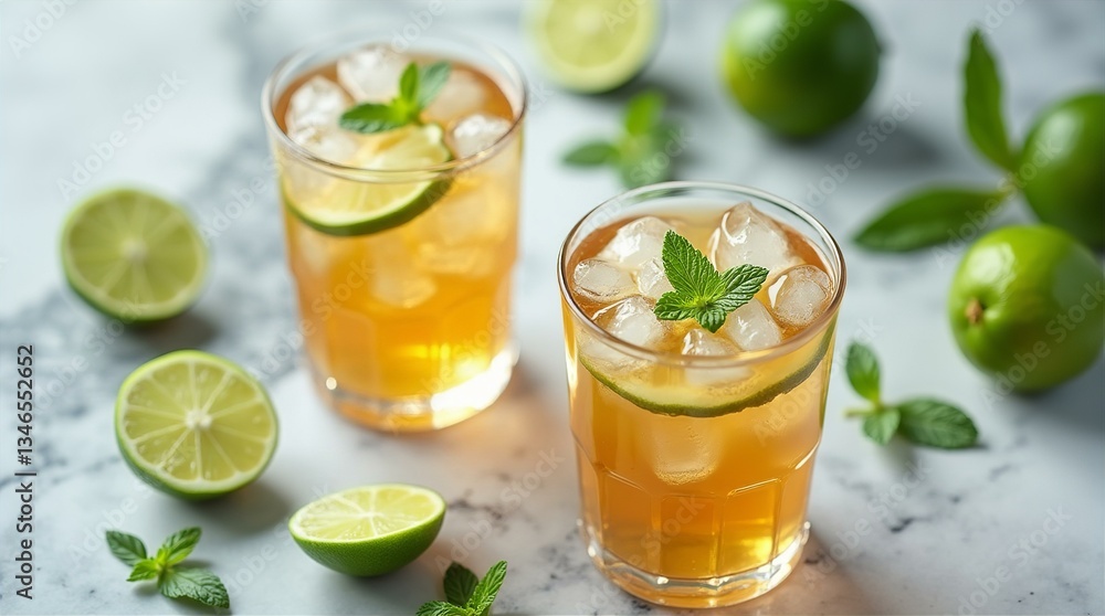 Two Glasses of Refreshing Lime Mint Iced Tea Summer Drink on Marble Tabletop Two Glasses of Refreshing Lime Mint Iced Tea Summer Drink on Marble Tabletop