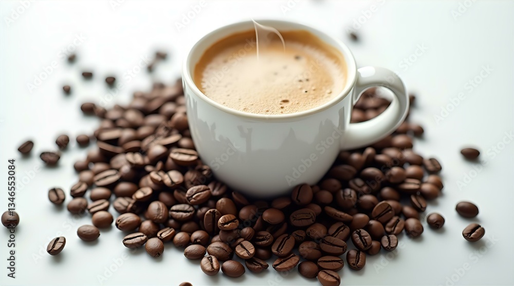 Delicious Aromatic Steaming Hot Coffee Cup with Roasted Coffee Beans - Close Up Food Photography, Morning Beverage, Caffeine Kick, Clean Crisp White Studio Background Delicious Aromatic Steaming Hot Coffee Cup with Roasted Coffee Beans - Close Up Food Photography, Morning Beverage, Caffeine Kick, Clean Crisp White Studio Background