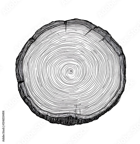 A black and white ink drawing of an oak tree ring, poster art design, wall art