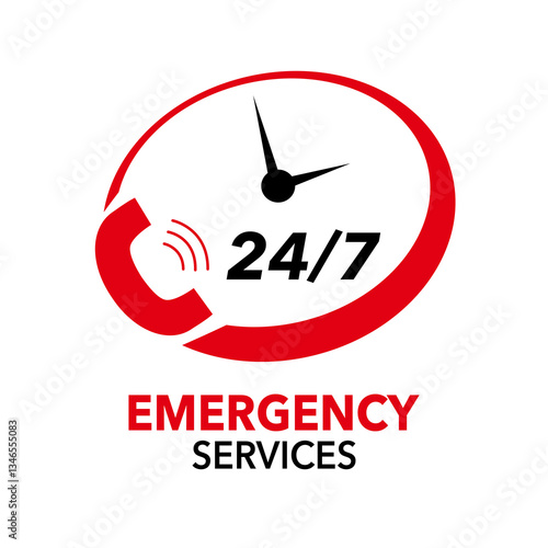 24 7 Emergency Service - a service or assistance that is available around the clock, 24 hours a day, 7 days a week, for handling urgent or emergency situations, text concept stamp
