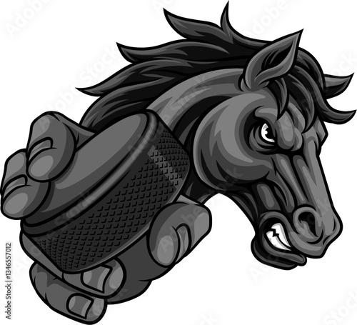 Horse mustang bronco stallion ice hockey angry sports team mascot holding a puck.