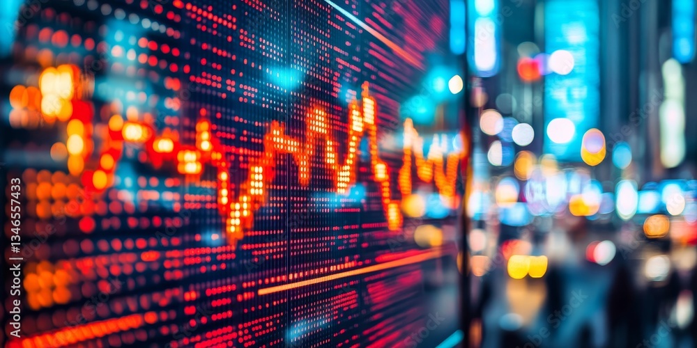 Obraz premium Financial Market Display with Upward Trend, Red and Orange Numbers Against City Lights