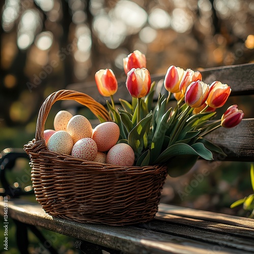 Festive Easter arrangement with a basket of eggs beside a bouquet of tulips placed on a wooden bench in a sunlit garden, creating a charming seasonal display.