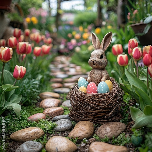 Garden path lined with blooming tulips leading to a charming Easter display featuring a bunny statue, colorful eggs, and a handwoven nest filled with spring flowers.
