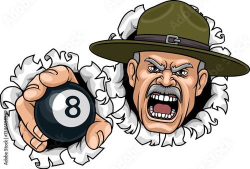 An angry drill instructor or sergeant bootcamp army soldier cartoon character holding billiards pool 8 ball sports team mascot illustration.