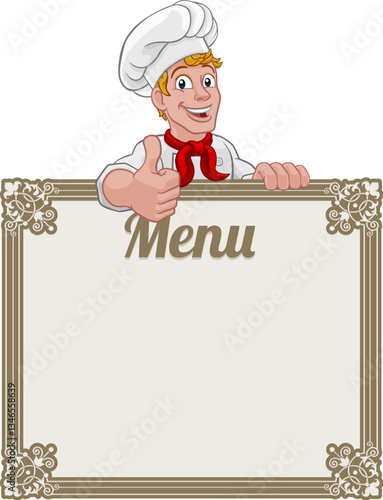 A chef cook or baker man cartoon character giving a thumbs up hand sign. Peeking over a background menu sign board.