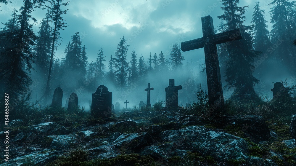 Foggy forest cemetery with stone crosses and graves Foggy forest cemetery with stone crosses and graves