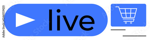 Play button next to live text and shopping cart icon on the right, representing ecommerce and live streaming. Ideal for online shopping, marketing, digital retail, engagement, interactivity, sales