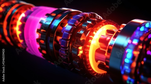 Neon Glowing Gears: Abstract Mechanical Art