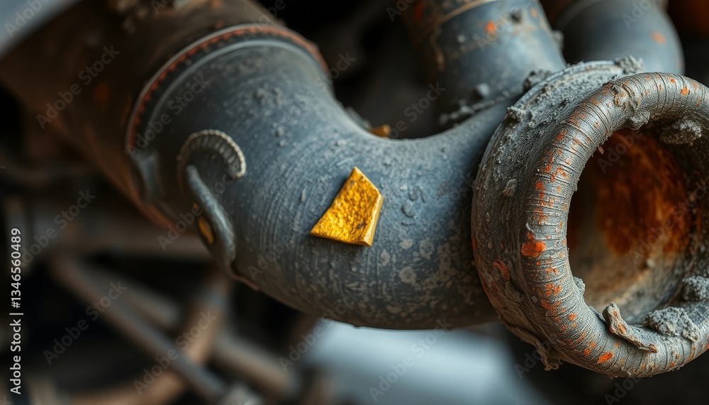 Close-up view of a weathered, industrial pipe with a small, golden fragment adhered to its surface, showcasing textures of rust, dust, and wear Close-up view of a weathered, industrial pipe with a small, golden fragment adhered to its surface, showcasing textures of rust, dust, and wear