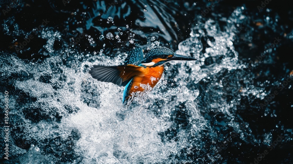 Fototapeta premium Kingfisher Diving Into River Creating Splash of Water