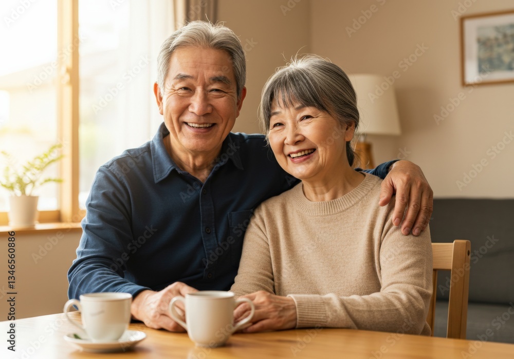 A loving, senior Asian couple smiles warmly, enjoying a peaceful moment with tea at home. A loving, senior Asian couple smiles warmly, enjoying a peaceful moment with tea at home.