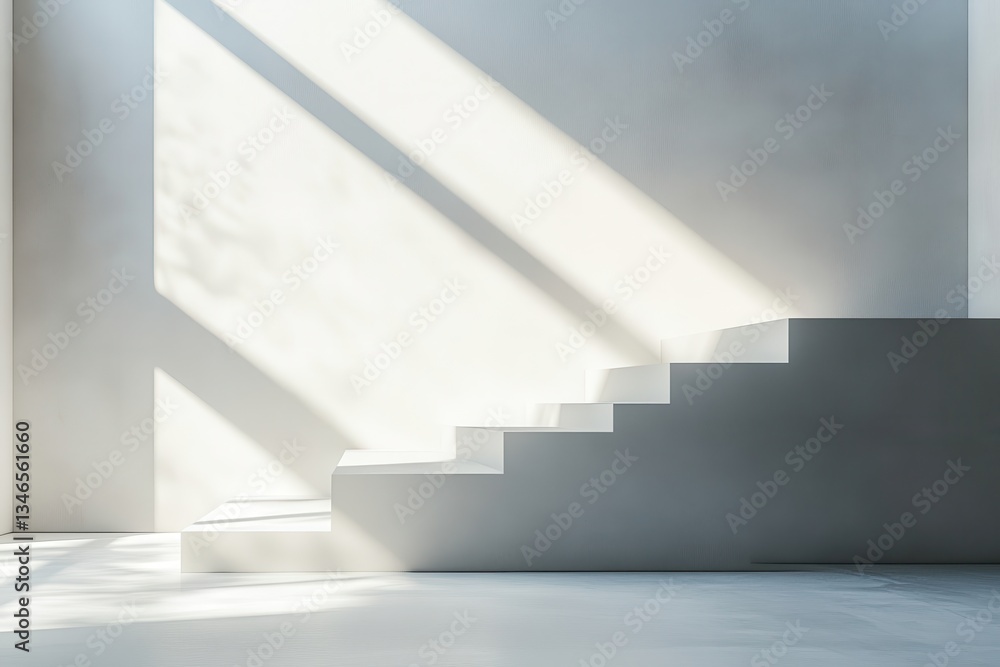Obraz premium Minimalist white staircase in sunlit room. Ideal for product display, showcasing ascent or growth concepts.