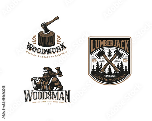 Vintage classic woodwork lumberjack emblem with sharp axe logo template