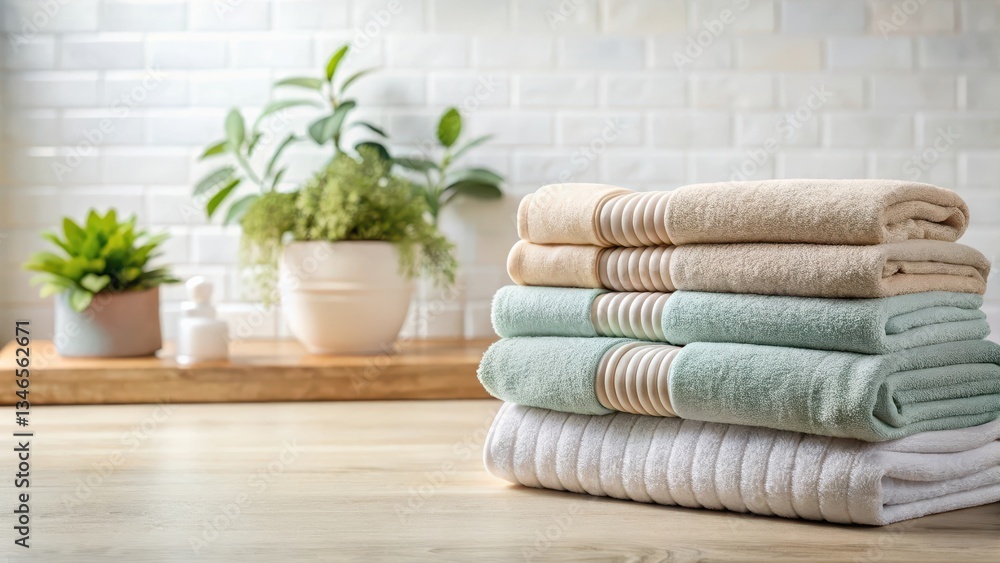 Soft and absorbent terry cloth bath towels with a subtle texture and gentle color palette, conveying a sense of comfort and relaxation in a bathroom setting, terry cloth, absorbent Soft and absorbent terry cloth bath towels with a subtle texture and gentle color palette, conveying a sense of comfort and relaxation in a bathroom setting, terry cloth, absorbent