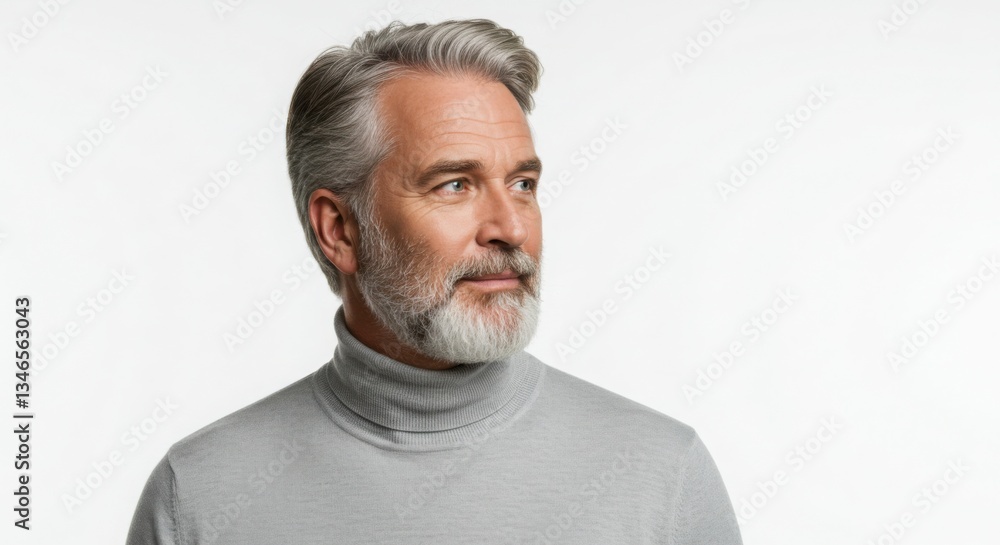 Obraz premium Portrait of a Handsome Mature Man with Gray Hair and Beard Wearing a Gray Turtleneck Sweater - Studio Shot of a Senior Male Model with Silver Hair