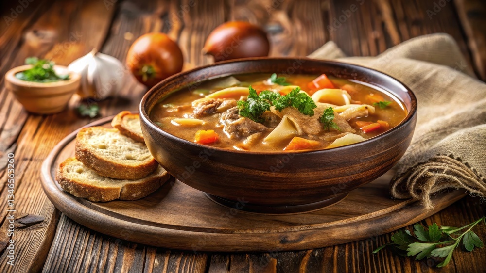 Close-up of a steaming bowl of beef tripe soup garnished with fresh bread on a rustic wooden table, the savory aroma filling the air Close-up of a steaming bowl of beef tripe soup garnished with fresh bread on a rustic wooden table, the savory aroma filling the air