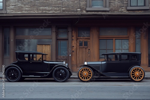 Contrast shot: Electric car and old gasoline car side by side, symbolizing future and past.

