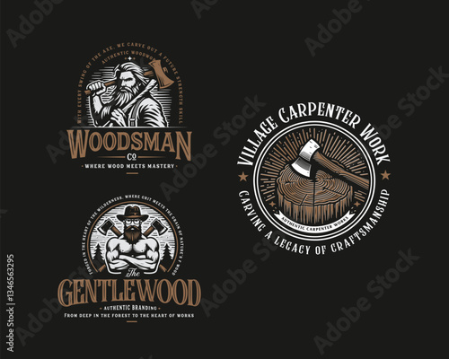 Vintage classic woodwork lumberjack emblem with sharp axe logo template