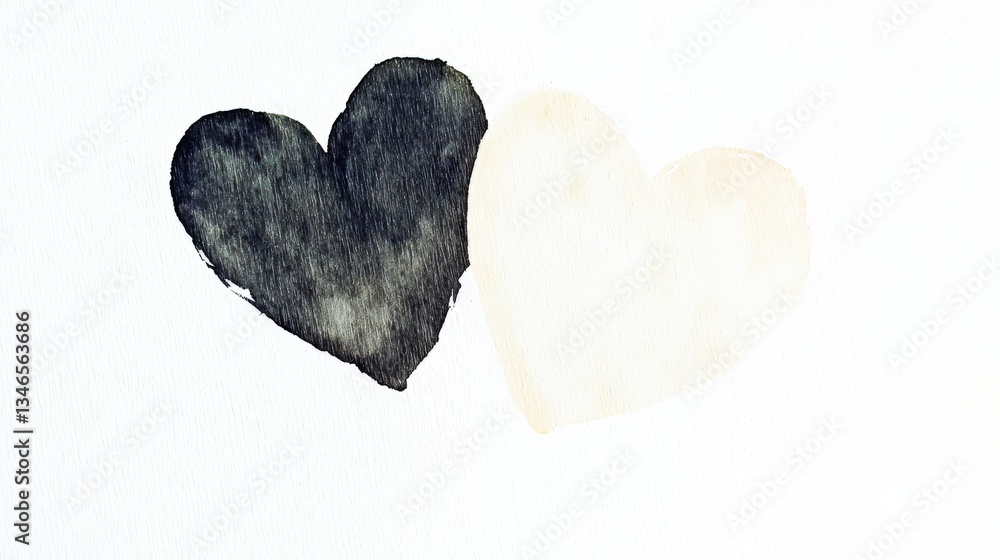 Fototapeta premium This artful illustration features two watercolor hearts, one black and one white, symbolizing contrast and unity. Ideal for romantic themes and decor.