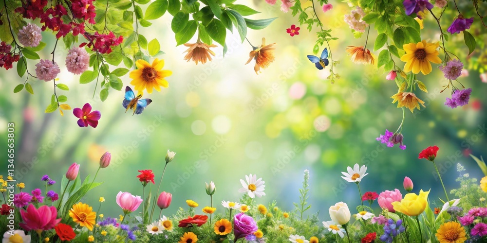 A colorful tapestry of flowers sways gently in the spring breeze amidst lush greenery and vibrant foliage , flowers, garden A colorful tapestry of flowers sways gently in the spring breeze amidst lush greenery and vibrant foliage , flowers, garden