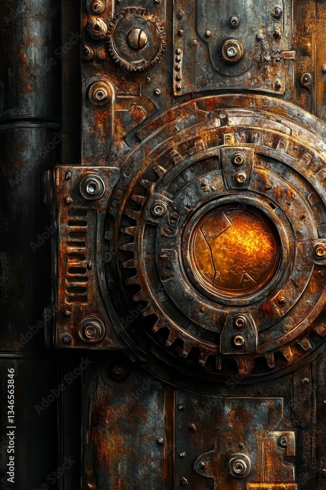 Obraz premium Rusty mechanical gear glowing with inner light.