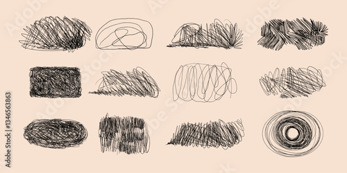 Vintage Hand Drawn Scribble Line Hatching. Collection of chaos doodle brush lines with geometric shapes and subtle texture. Freehand messy and insane artistic scribbles