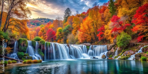 Vibrant Autumnal Landscape with Waterfall and Colorful Trees, serene atmosphere, foliage,  serene atmosphere