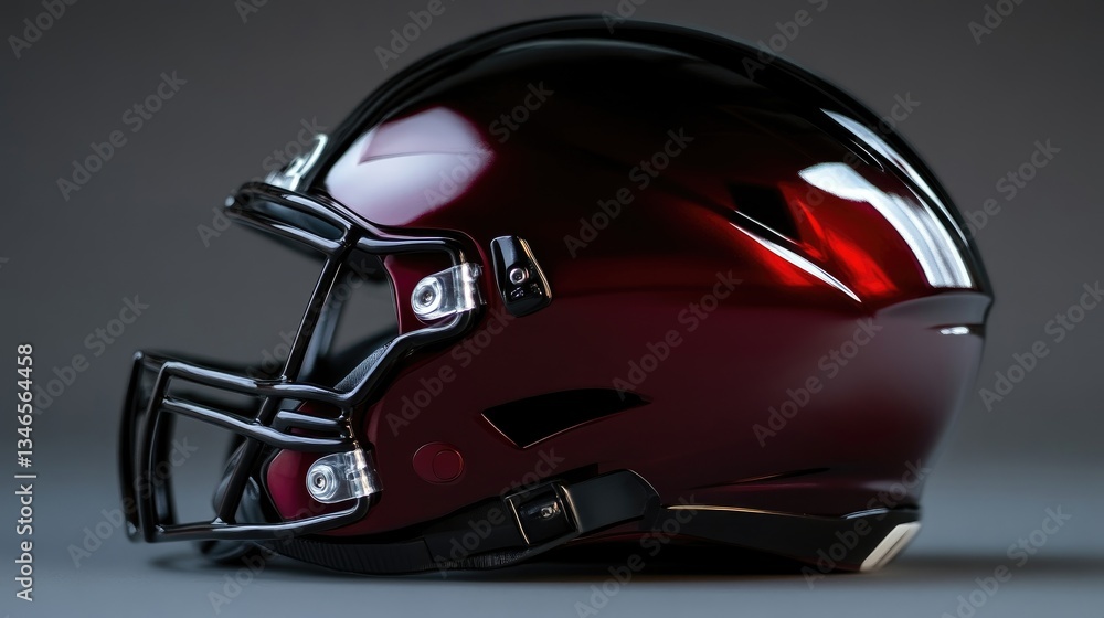 Close-up of a maroon football helmet. Protective gear for impact sports Close-up of a maroon football helmet. Protective gear for impact sports