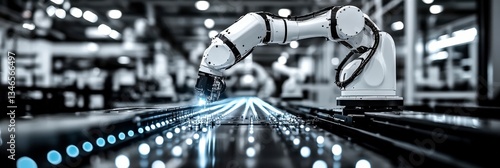 Robotic arm working in a futuristic factory setting