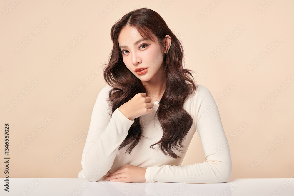 A beautiful young Asian woman with clean, fresh skin against a beige background. Skincare, facial treatment, cosmetology, beauty, and spa. An elegant portrait of an Asian woman. A beautiful young Asian woman with clean, fresh skin against a beige background. Skincare, facial treatment, cosmetology, beauty, and spa. An elegant portrait of an Asian woman.