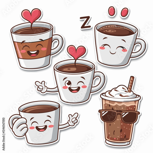 Cute Coffee Cup Characters Sticker Set
