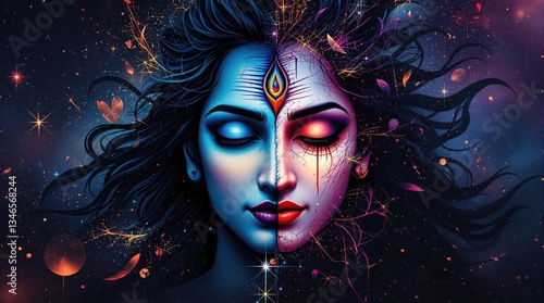 Wallpaper Mural shiva, vibrant artistic interpretation, split face concept, duality, celestial fusion, divine masculine and feminine, hindu mythology artwork Torontodigital.ca