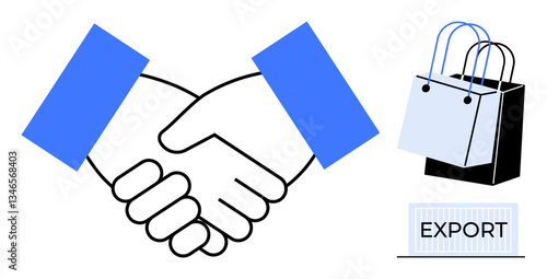 Handshake symbolizing partnership, shopping bags for retail and commerce, and an export label. Ideal for international trade, business agreements, global partnerships, retail, commerce, market