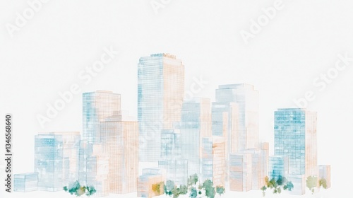 This soft watercolor illustration features a serene city skyline, blending modern architecture with natural elements, perfect for creative and urban themes.